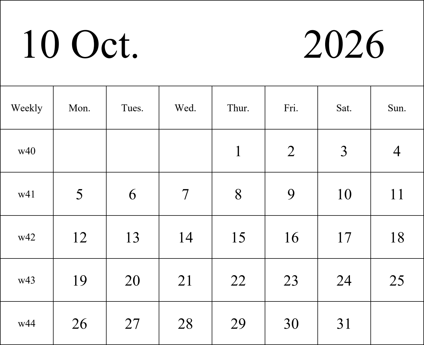 日历表2026年日历 英文版 纵向排版 周一开始 带周数